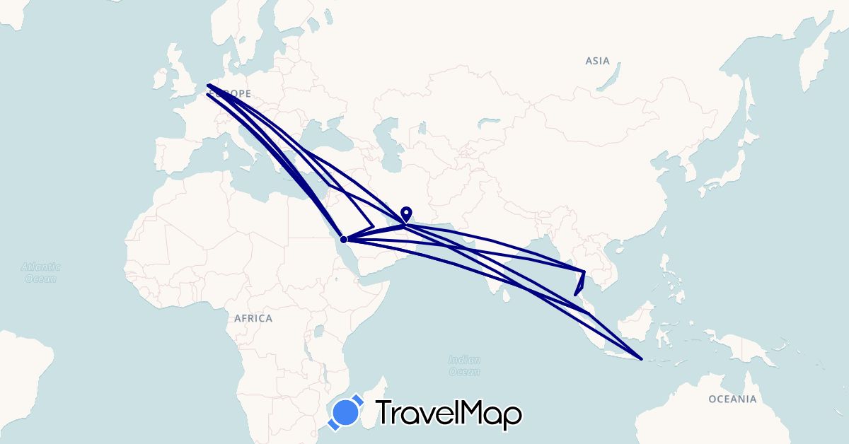 TravelMap itinerary: driving in United Arab Emirates, Belgium, Greece, Indonesia, India, Lebanon, Malaysia, Netherlands, Saudi Arabia, Thailand, Turkey (Asia, Europe)
